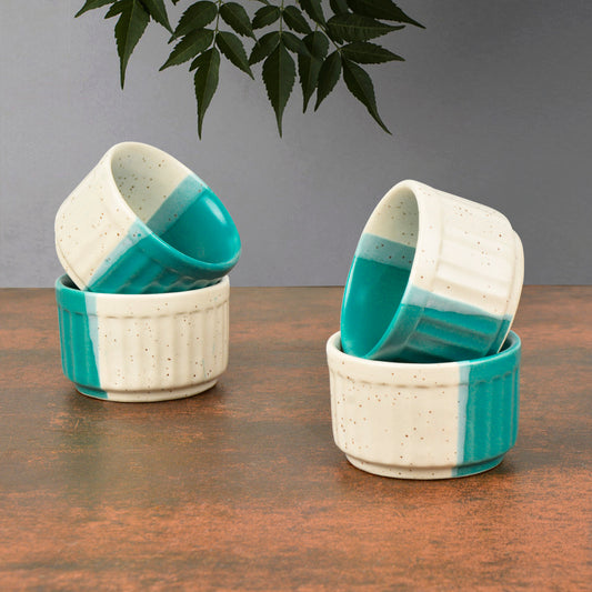 Studio Pottery Ribbed Ceramic Dip Bowls (Set of 4, Turquoise & Off White, 50 ml each)