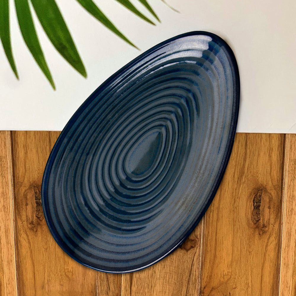 Premium Hand Glazed Oval Shaped Ceramic  Platter  (Botz Blue with Grey Speckle, 10.5 inches, 490 gm)