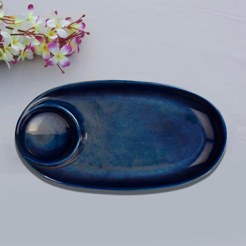 Premium Hand Glazed Ceramic Chip and Dip Platter with Fixed Dip Bowl (Botz Blue, L x B - 28 x 14 cm, 550 gm)