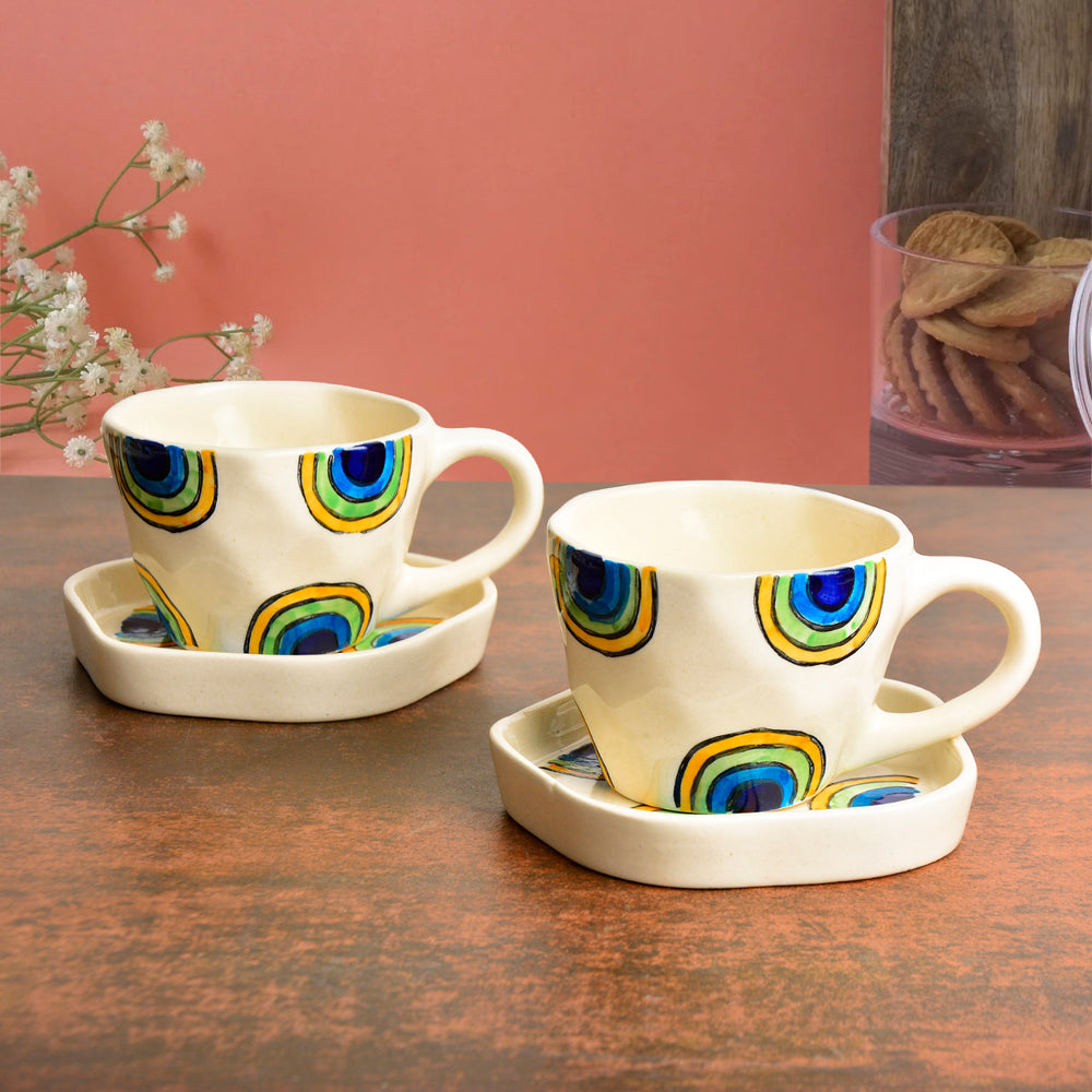 Hand Painted Ceramic Cup and Saucer (Set of 2, Multicolor, 250 ml each)