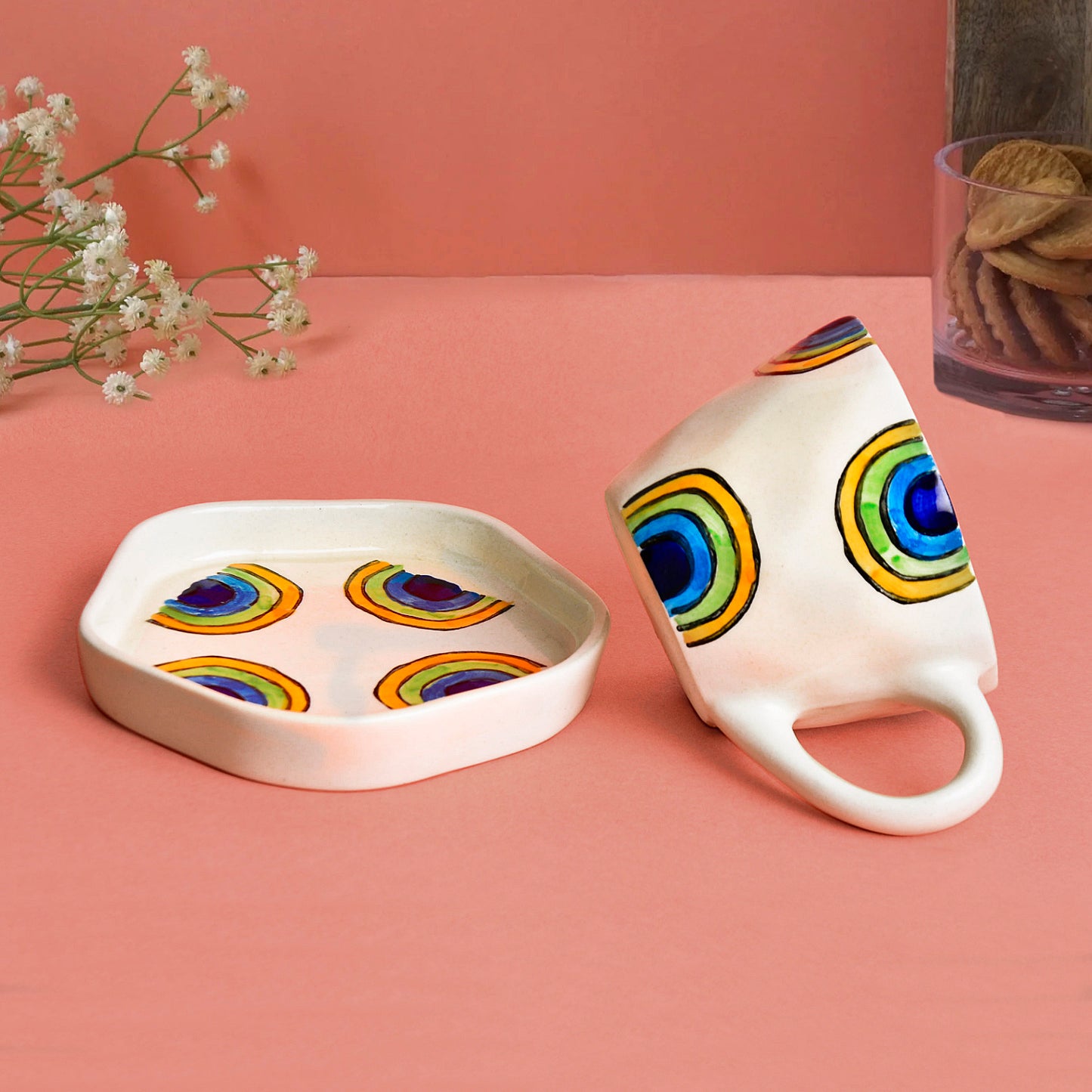 Hand Painted Ceramic Cup and Saucer (Set of 2, Multicolor, 250 ml each)