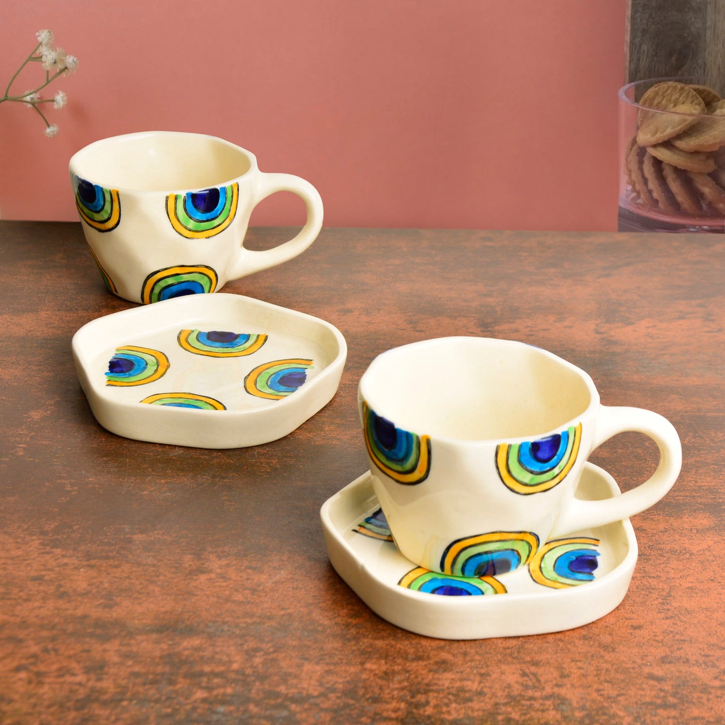 Hand Painted Ceramic Cup and Saucer (Set of 2, Multicolor, 250 ml each)