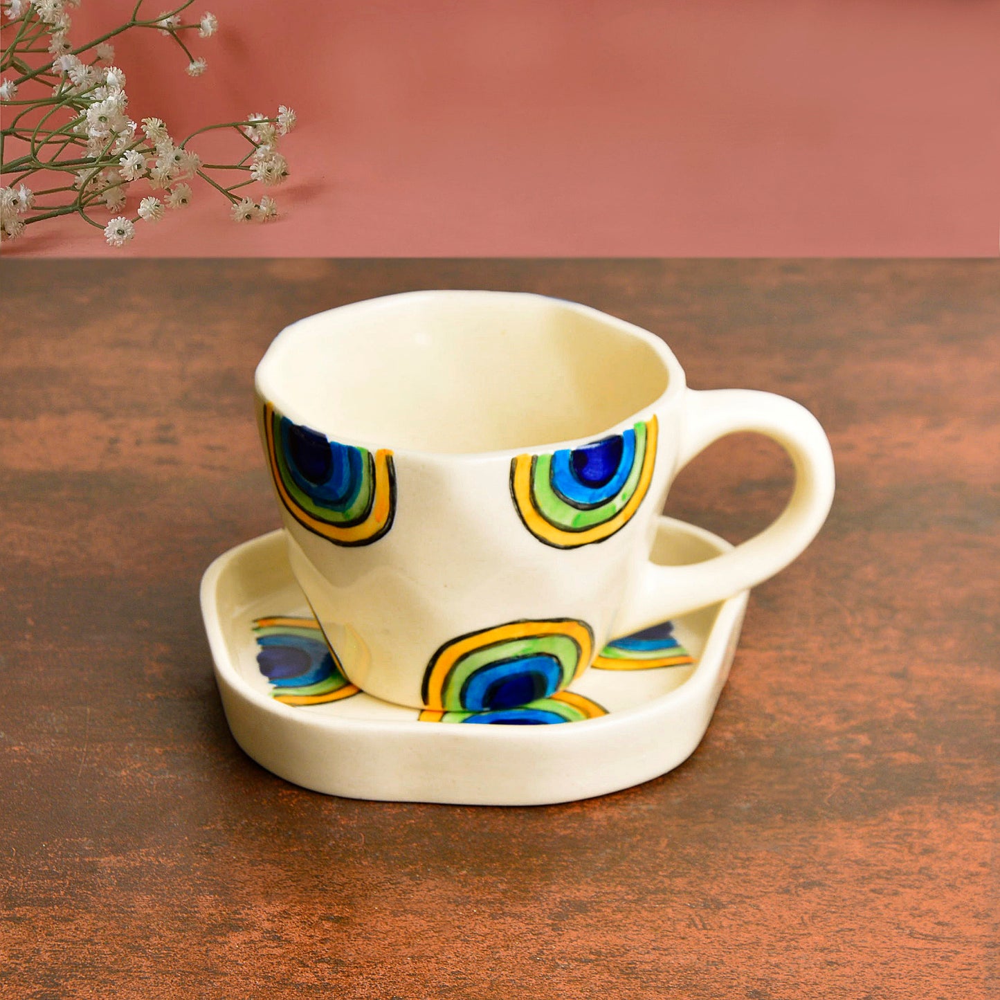 Hand Painted Ceramic Cup and Saucer (Set of 2, Multicolor, 250 ml each)