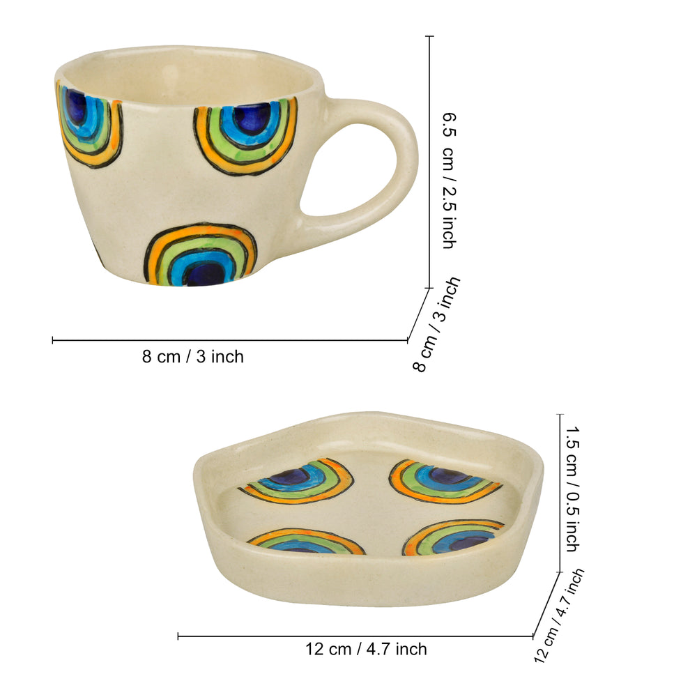 Hand Painted Ceramic Cup and Saucer (Set of 2, Multicolor, 250 ml each)