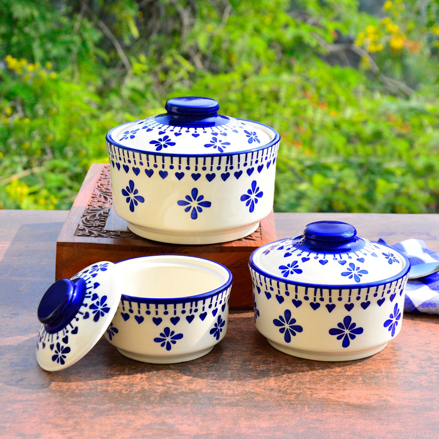 Hand Painted Ceramic Serving Donga with Lid  (Set of 3, Blue, 900 ml, 500 ml, 300 ml)