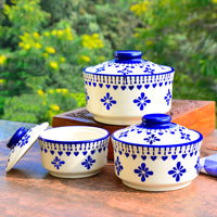 Hand Painted Ceramic Serving Donga with Lid  (Set of 3, Blue, 900 ml, 500 ml, 300 ml)