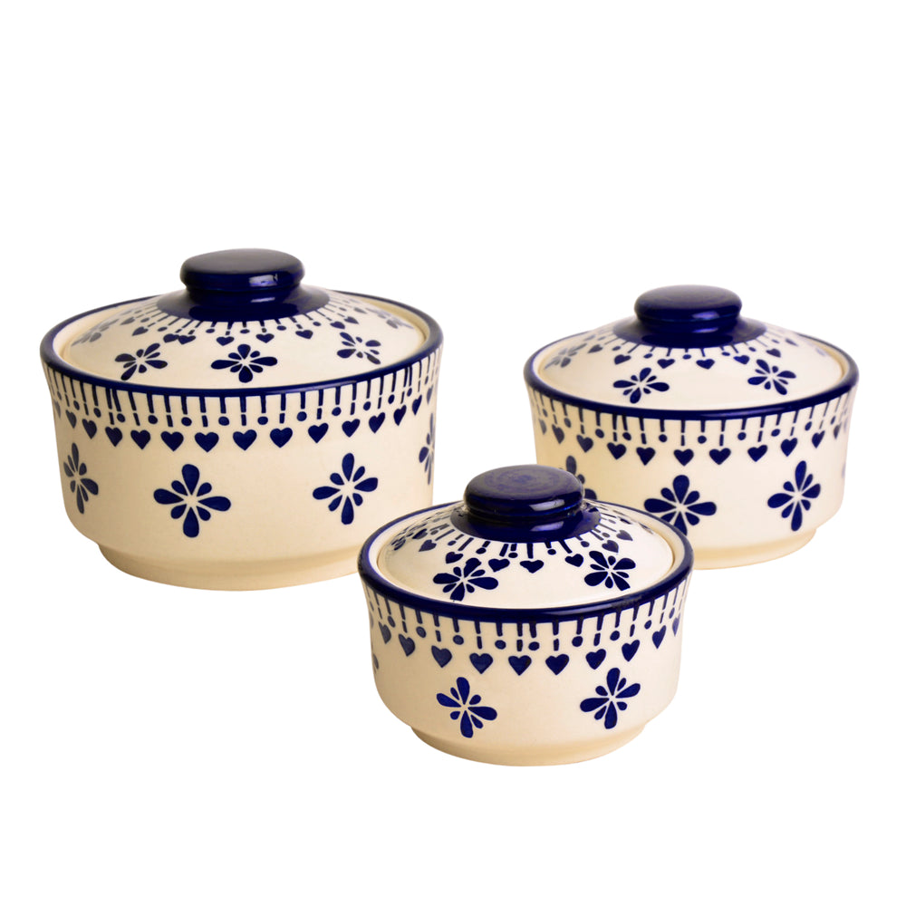 Hand Painted Ceramic Serving Donga with Lid  (Set of 3, Blue, 900 ml, 500 ml, 300 ml)