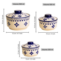 Hand Painted Ceramic Serving Donga with Lid  (Set of 3, Blue, 900 ml, 500 ml, 300 ml)