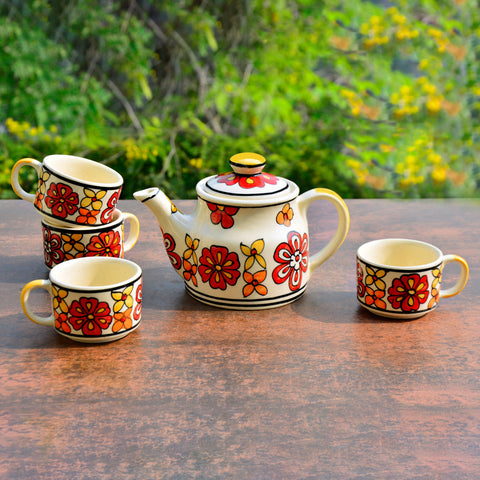 Hand Painted Ceramic Tea Set (1 Kettle, 4 Cups, Red)