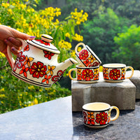 Hand Painted Ceramic Tea Set (1 Kettle, 4 Cups, Red)