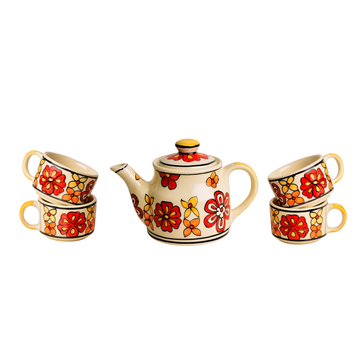 Hand Painted Ceramic Tea Set (1 Kettle, 4 Cups, Red)