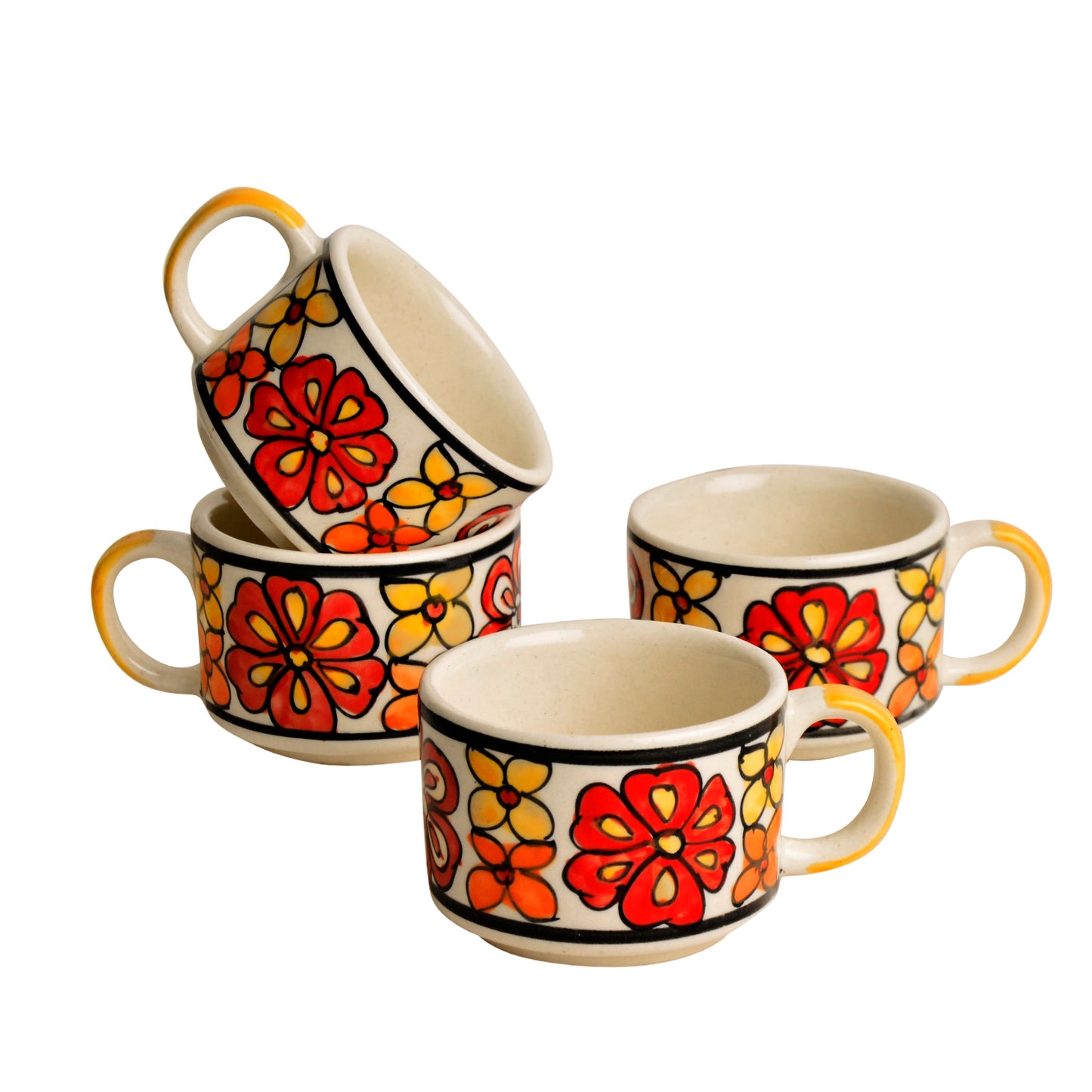 Hand Painted Ceramic Tea Set (1 Kettle, 4 Cups, Red)