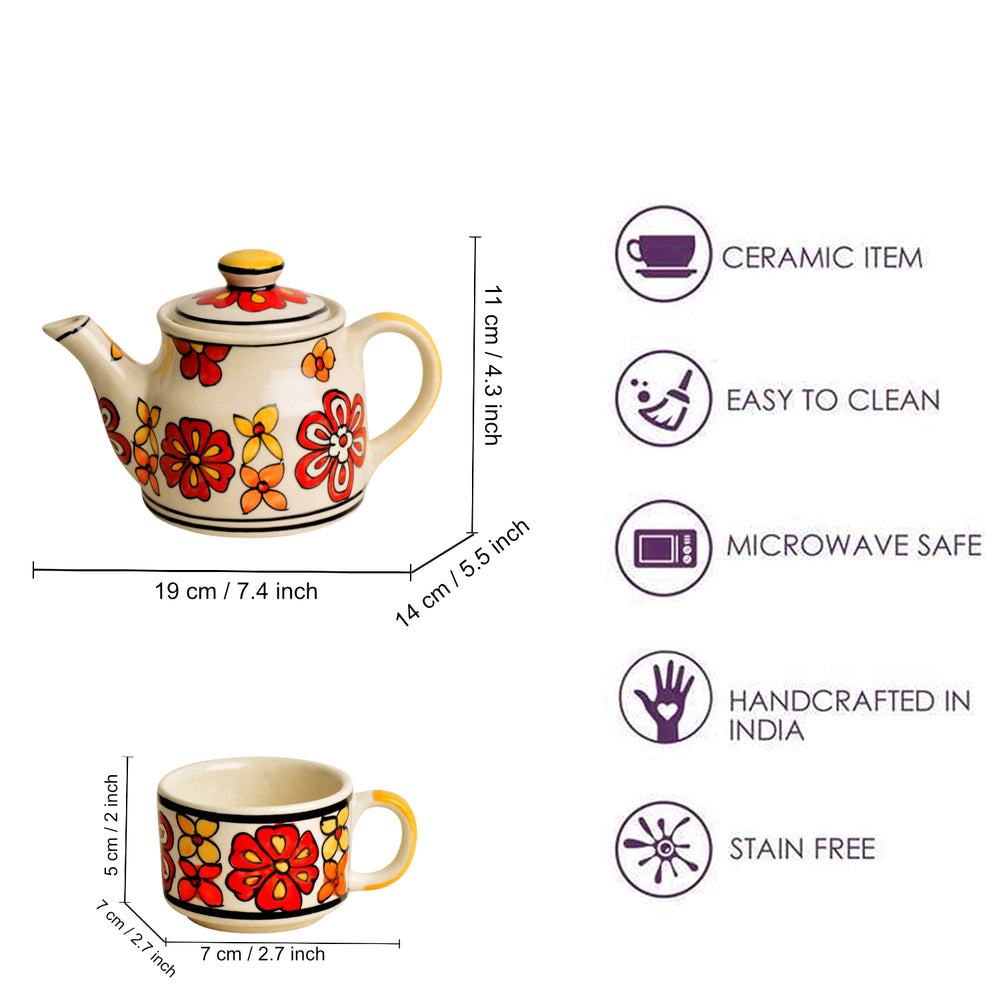 Hand Painted Ceramic Tea Set (1 Kettle, 4 Cups, Red)