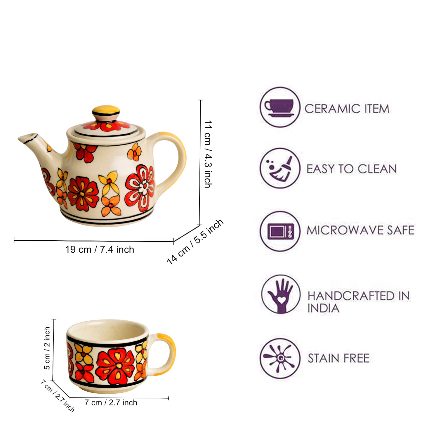 Hand Painted Ceramic Tea Set (1 Kettle, 4 Cups, Red)