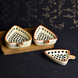 Leaf Shaped Hand Painted Ceramic Glossy Tray Set for Serving Cookies, Dry Fruits, Sweets and Snacks (Black Dots, Set of 3)