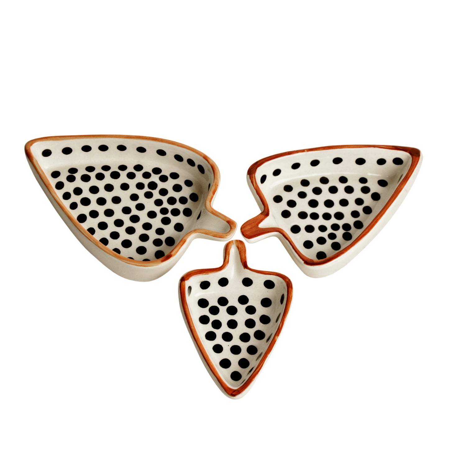 Leaf Shaped Hand Painted Ceramic Glossy Tray Set for Serving Cookies, Dry Fruits, Sweets and Snacks (Black Dots, Set of 3)