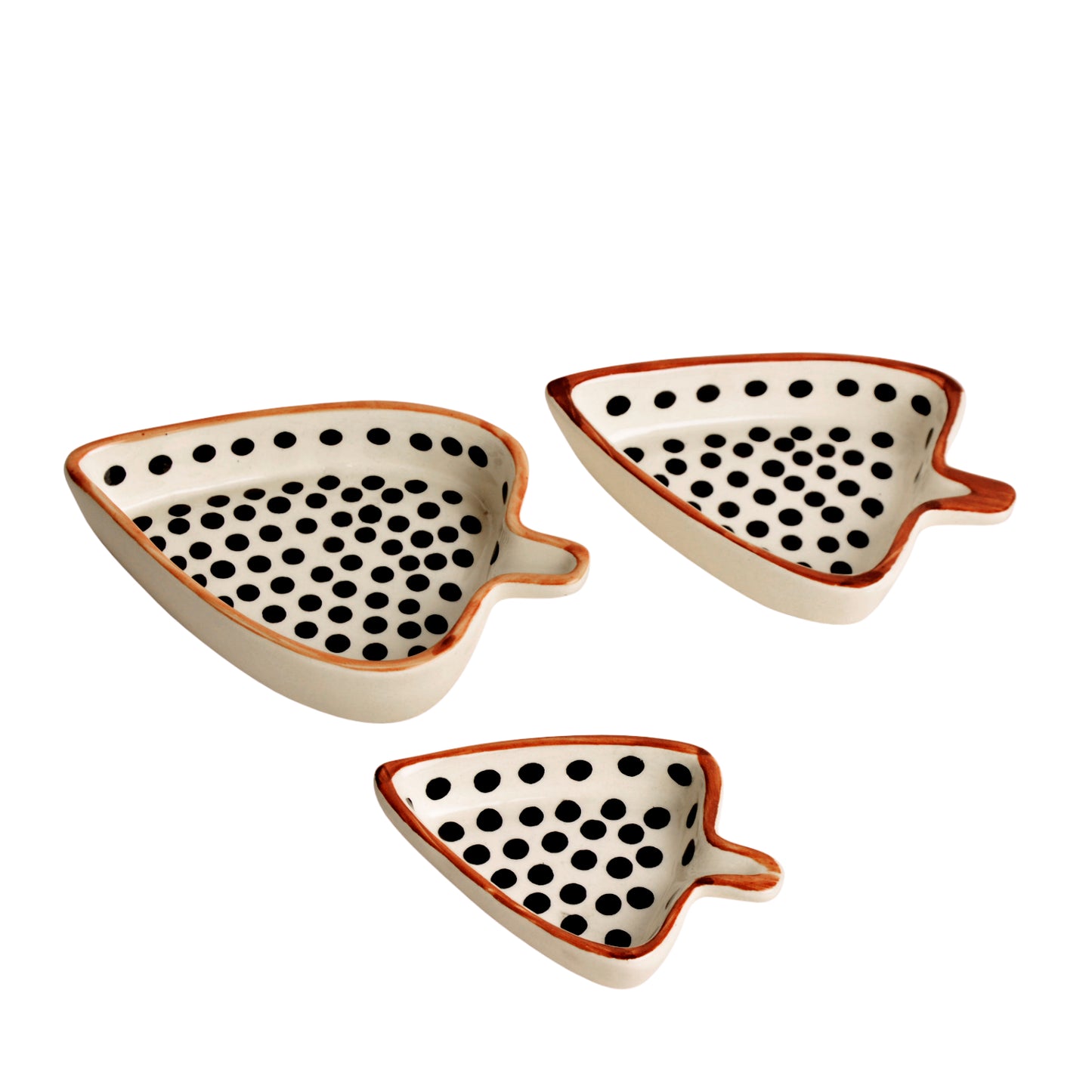 Leaf Shaped Hand Painted Ceramic Glossy Tray Set for Serving Cookies, Dry Fruits, Sweets and Snacks (Black Dots, Set of 3)