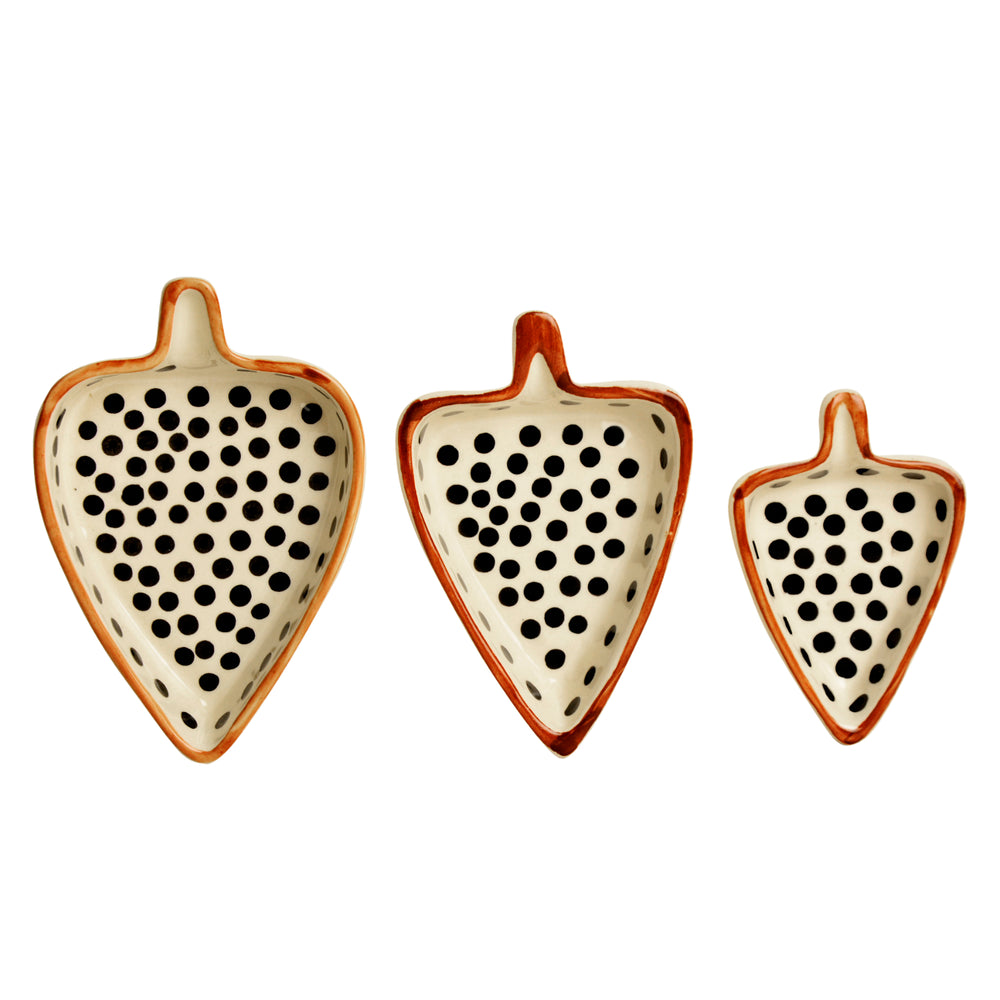 Leaf Shaped Hand Painted Ceramic Glossy Tray Set for Serving Cookies, Dry Fruits, Sweets and Snacks (Black Dots, Set of 3)