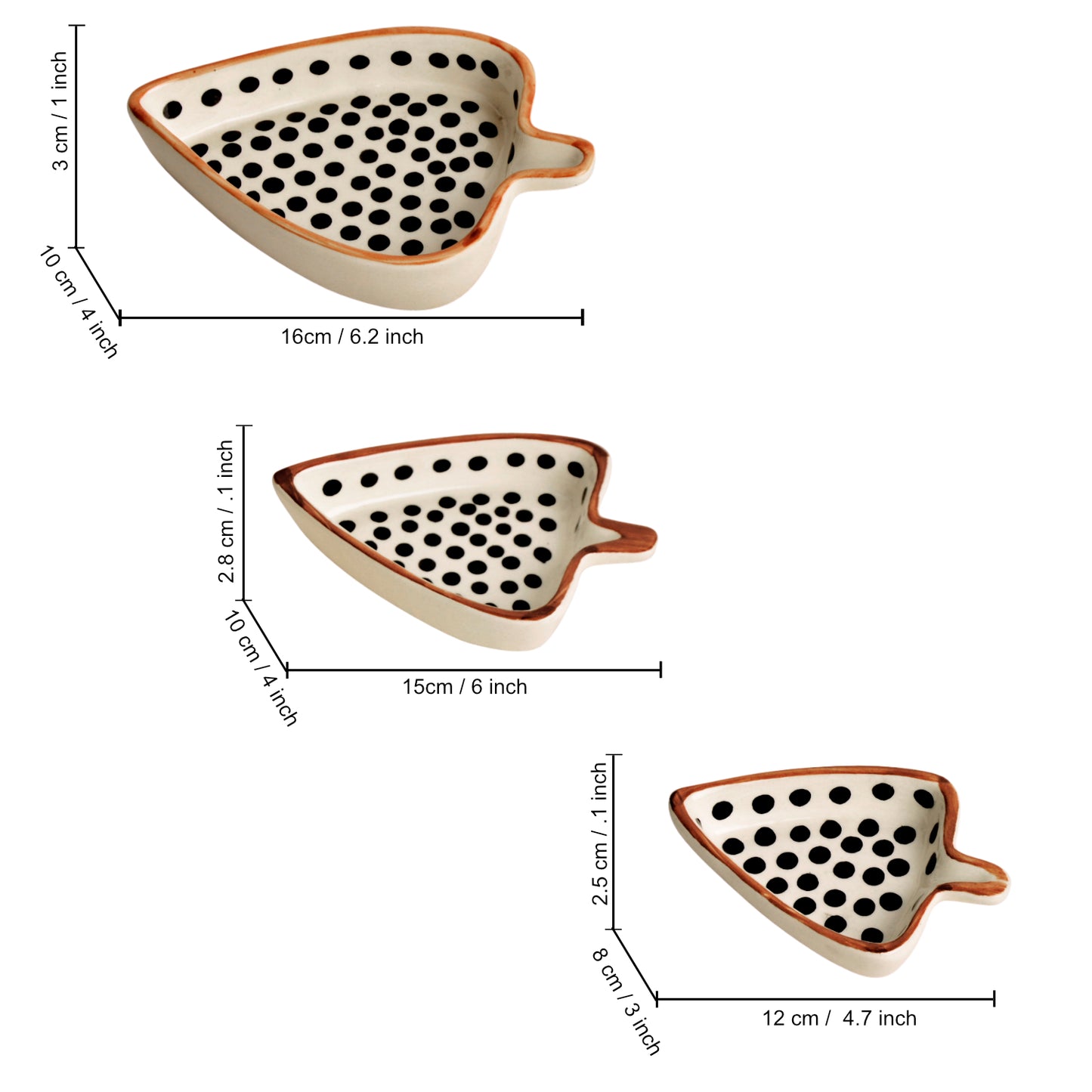 Leaf Shaped Hand Painted Ceramic Glossy Tray Set for Serving Cookies, Dry Fruits, Sweets and Snacks (Black Dots, Set of 3)