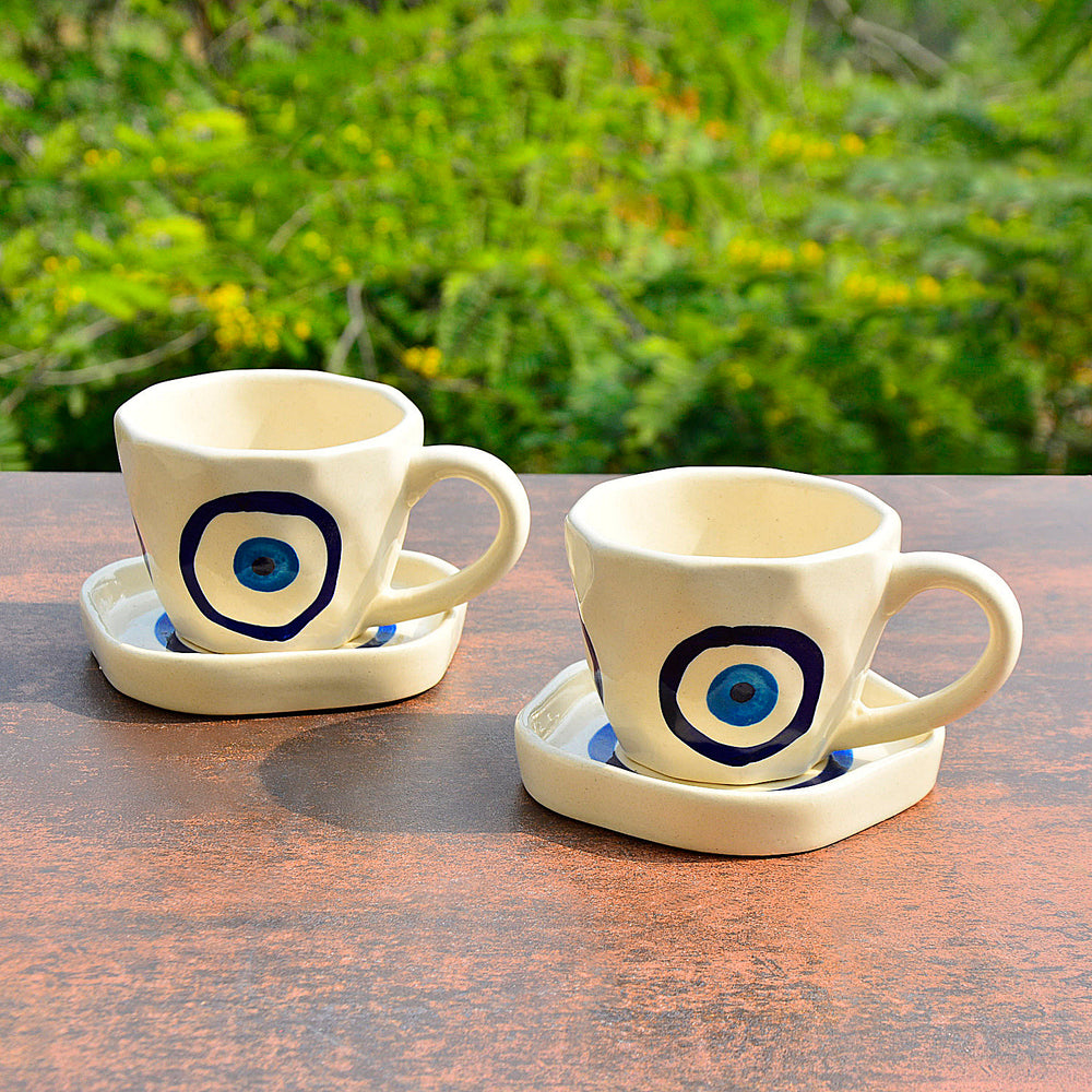 Hand Painted Ceramic Cup and Saucer (Set of 2, Multicolor, 250 ml each)