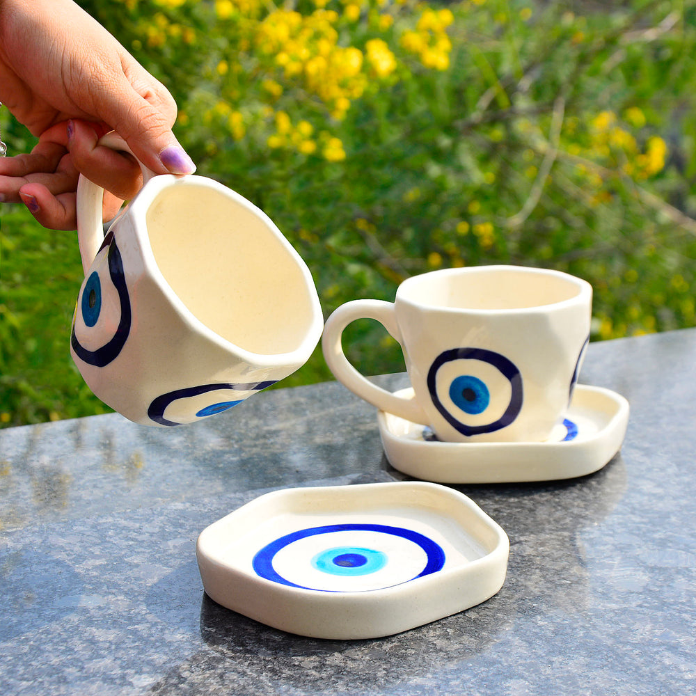 Hand Painted Ceramic Cup and Saucer (Set of 2, Multicolor, 250 ml each)