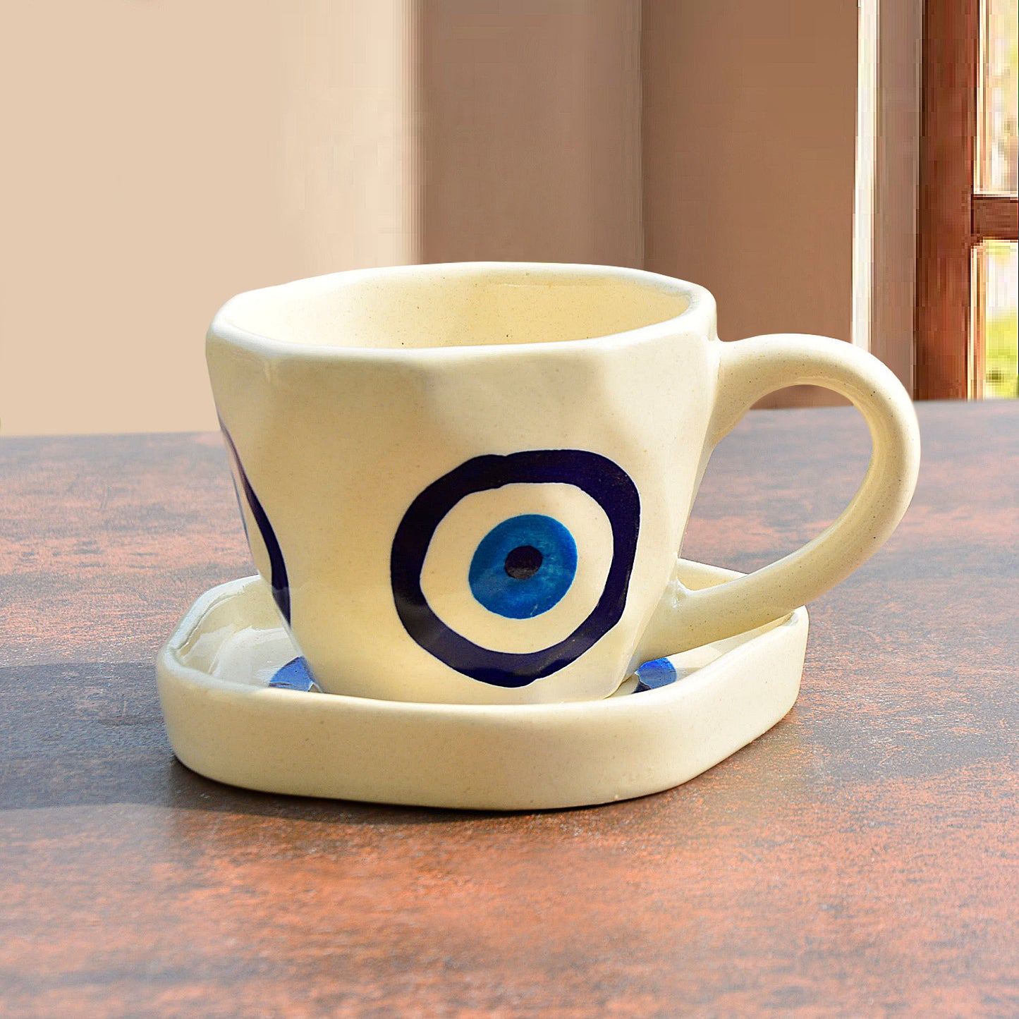 Hand Painted Ceramic Cup and Saucer (Set of 2, Multicolor, 250 ml each)