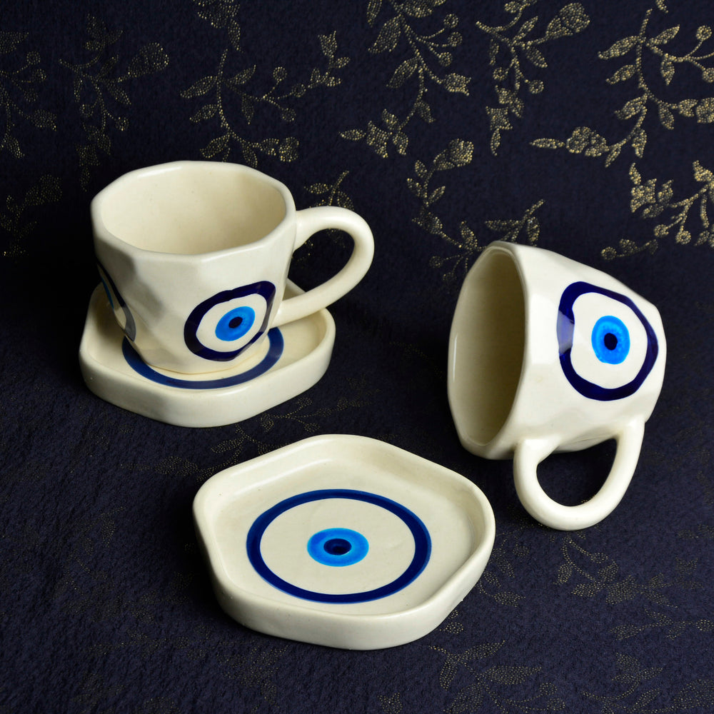 Hand Painted Ceramic Cup and Saucer (Set of 2, Multicolor, 250 ml each)