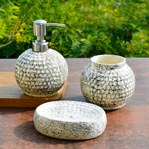 Rustic Finished with Artisanal Glaze Ceramic Bathroom Set (Black & White Dotted, Set of 3)