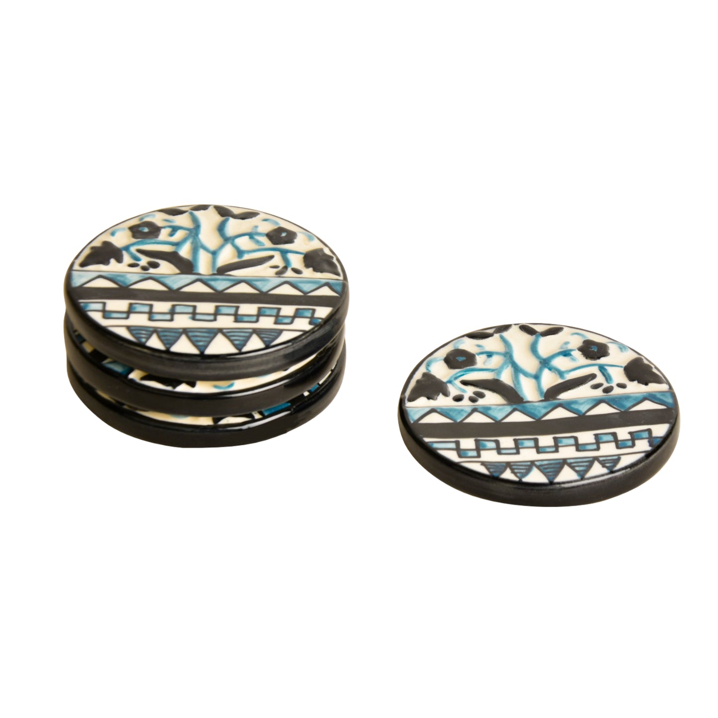 Studio Pottery Ceramic Tea and Coffee Coasters (Set of 4 , Blue and Black)