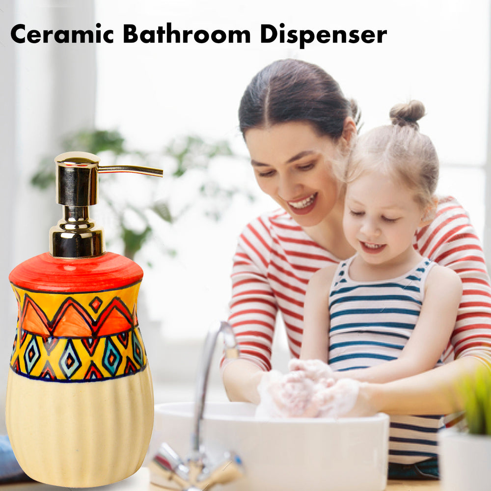 Luxurious Ceramic Hand Painted Liquid Soap Dispenser (Multicolor, L x B x H - 7 x 7 x 18 cm, 400 ml)