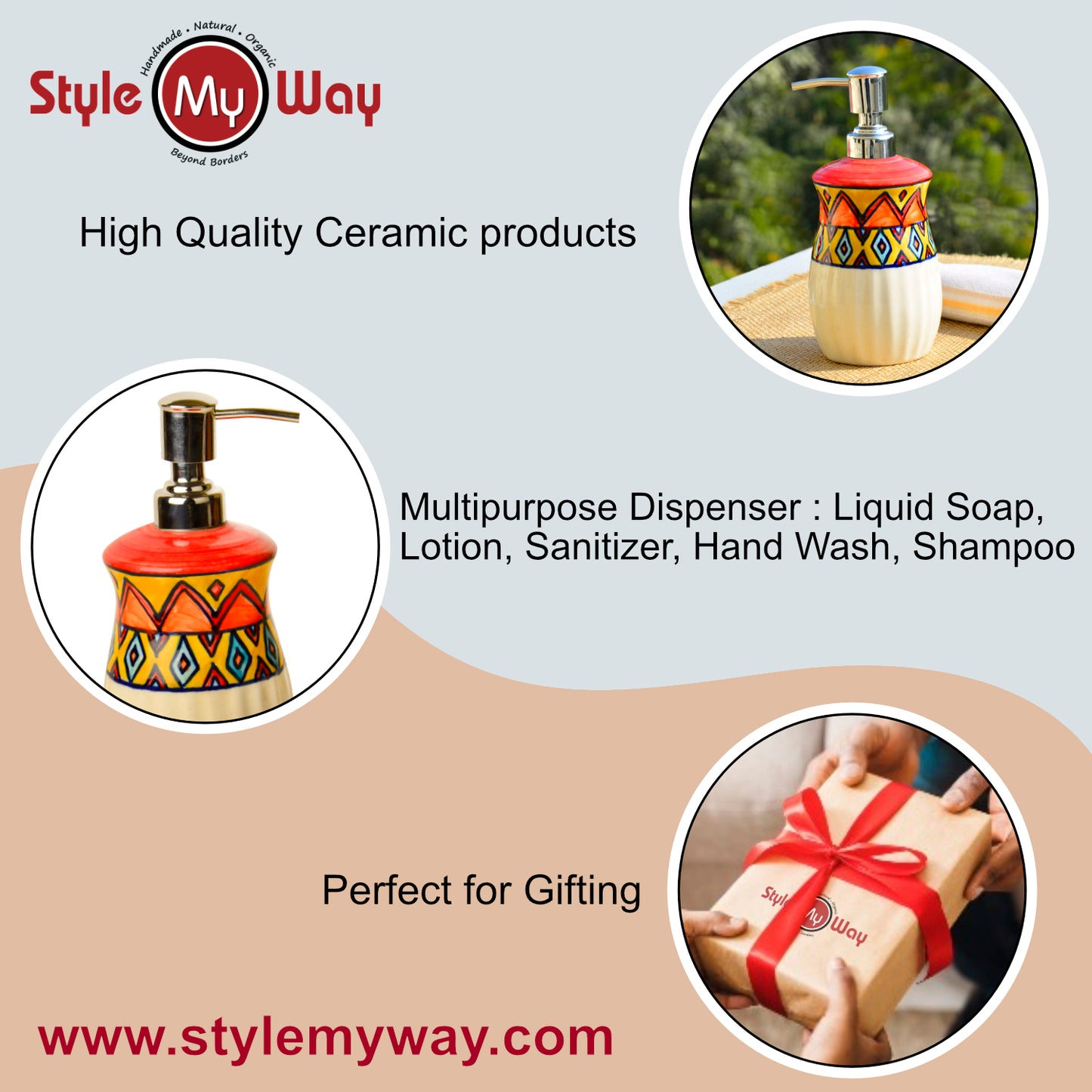 Luxurious Ceramic Hand Painted Liquid Soap Dispenser (Multicolor, L x B x H - 7 x 7 x 18 cm, 400 ml)