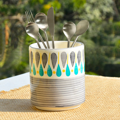 Hand Painted Ceramic Cutlery Stand (Grey, Turquoise Blue, Yellow, L x B x H – 9 x 9 x 11 cm, 600 ml)