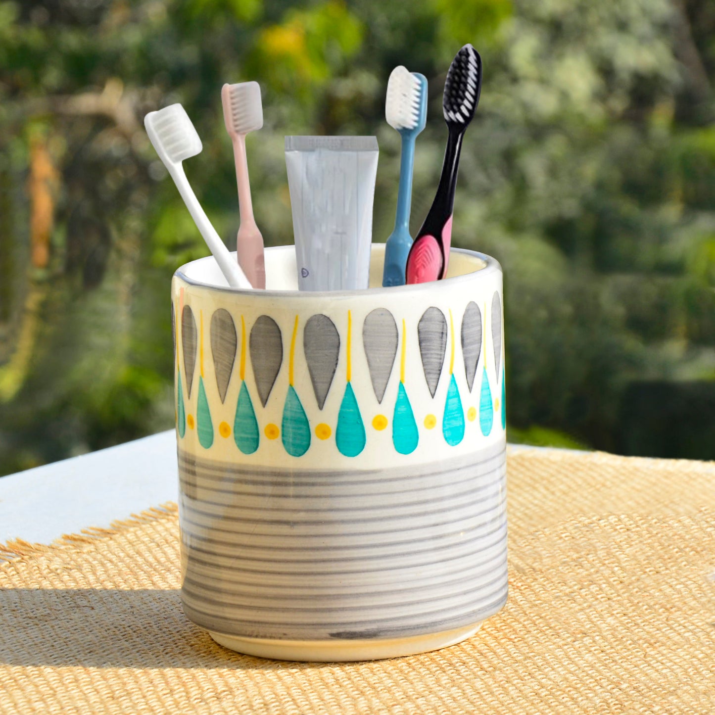 Hand Painted Ceramic Cutlery Stand (Grey, Turquoise Blue, Yellow, L x B x H – 9 x 9 x 11 cm, 600 ml)