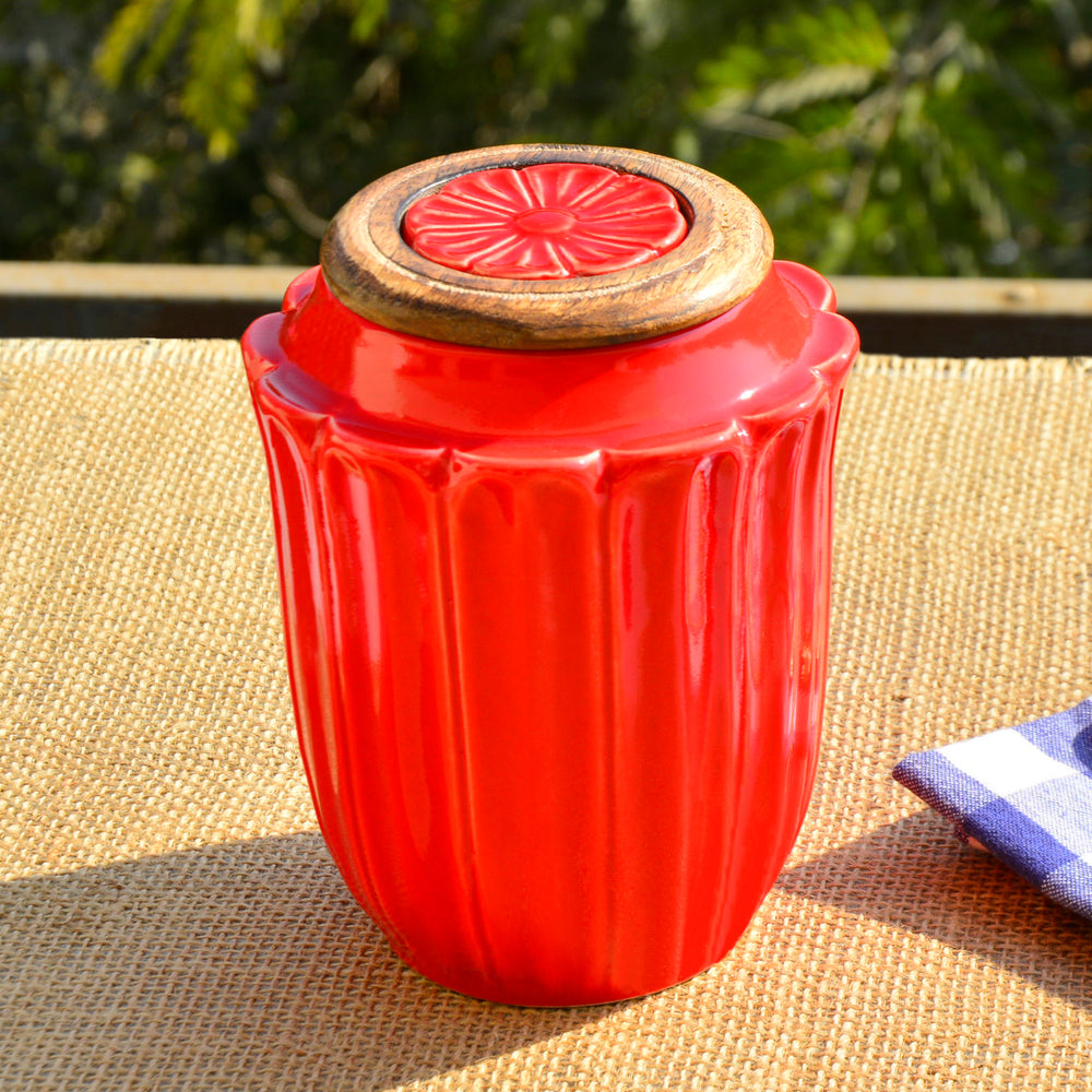 Hand Glazed Multi Utility Storage Airtight Ceramic Jar with Wooden Lid (1000 ml, Peach)