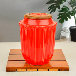 Hand Glazed Multi Utility Storage Airtight Ceramic Jar with Wooden Lid (1000 ml, Peach)