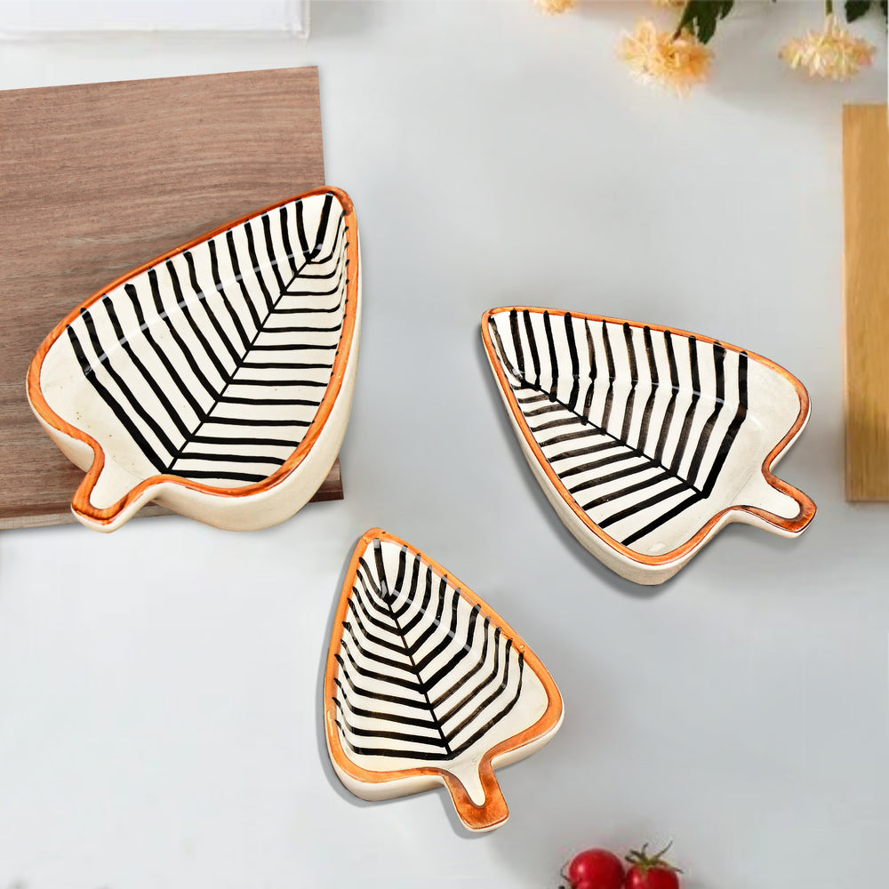 Leaf Shaped Hand Painted Ceramic Glossy Tray Set for Serving Cookies, Dry Fruits, Sweets and Snacks (Black Lines, Set of 3)