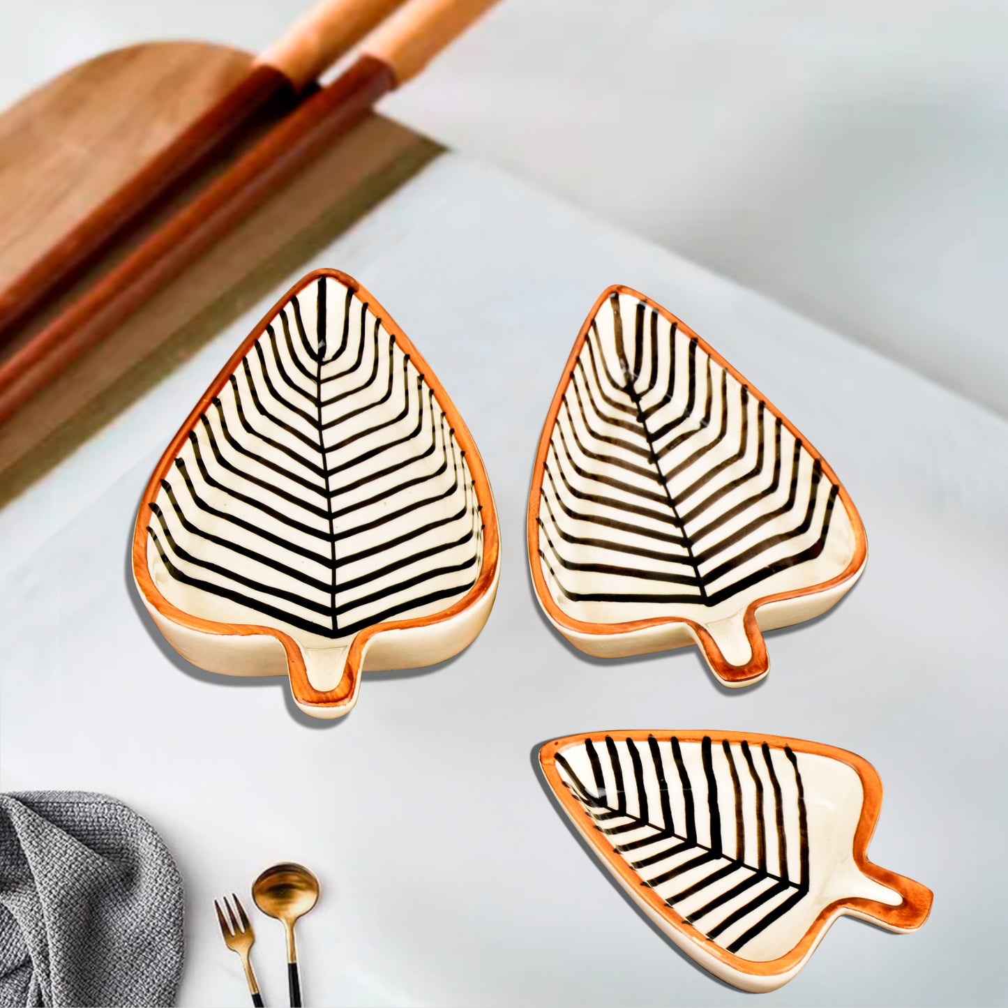 Leaf Shaped Hand Painted Ceramic Glossy Tray Set for Serving Cookies, Dry Fruits, Sweets and Snacks (Black Lines, Set of 3)