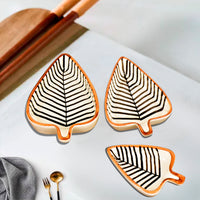 Leaf Shaped Hand Painted Ceramic Glossy Tray Set for Serving Cookies, Dry Fruits, Sweets and Snacks (Black Lines, Set of 3)