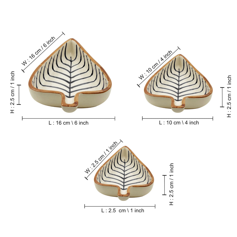 Leaf Shaped Hand Painted Ceramic Glossy Tray Set for Serving Cookies, Dry Fruits, Sweets and Snacks (Black Lines, Set of 3)