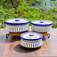 Hand Painted Ceramic Handi with Lid (Set of 3, 1500 ml, 1000 ml and 700 ml, White & Blue)