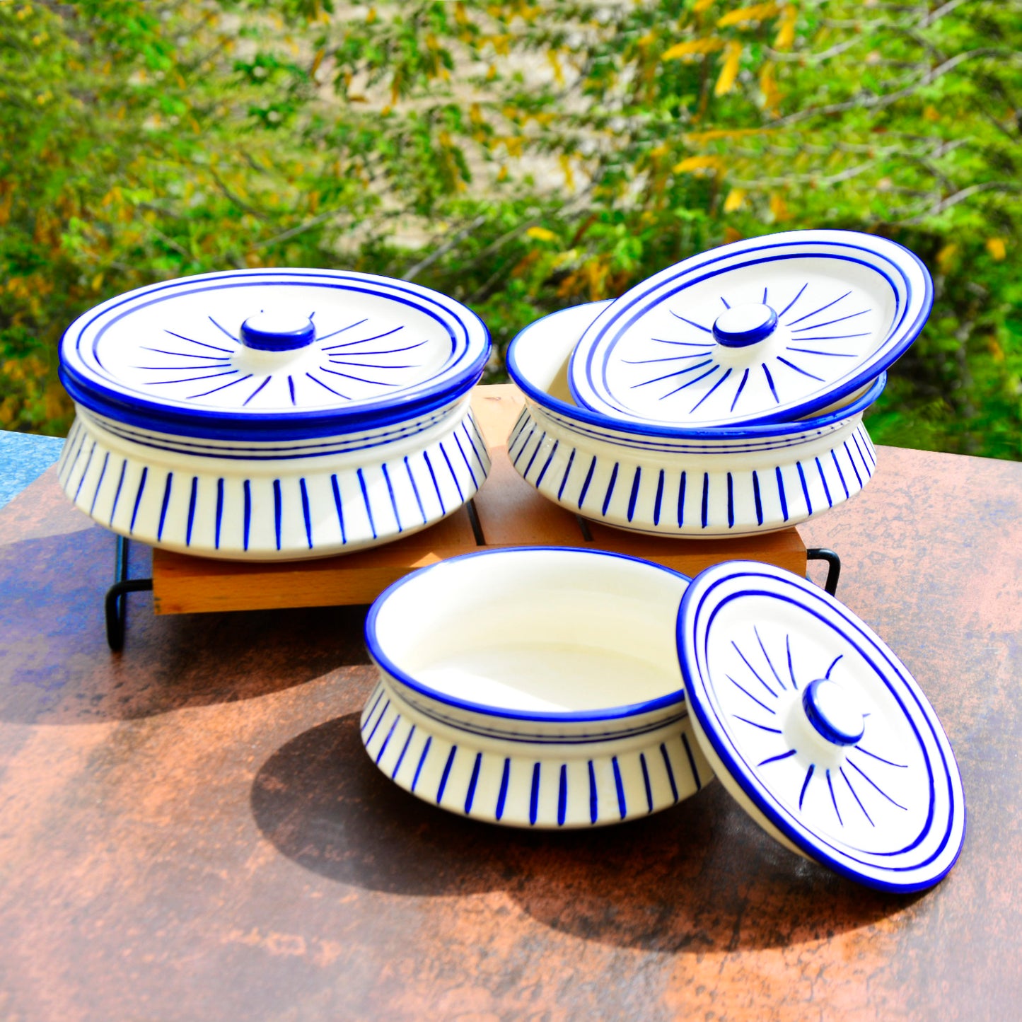 Hand Painted Ceramic Handi with Lid (Set of 3, 1500 ml, 1000 ml and 700 ml, White & Blue)