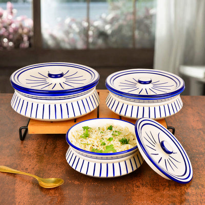 Hand Painted Ceramic Handi with Lid (Set of 3, 1500 ml, 1000 ml and 700 ml, White & Blue)