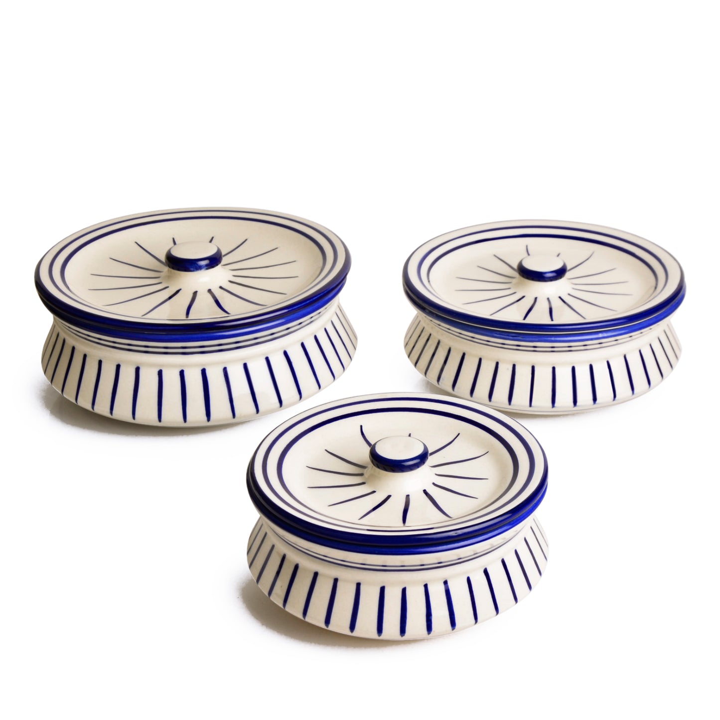 Hand Painted Ceramic Handi with Lid (Set of 3, 1500 ml, 1000 ml and 700 ml, White & Blue)