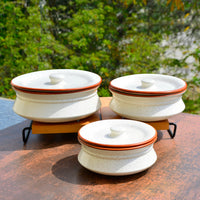 Hand Crafted Ceramic Handi with Lid (Set of 3, 1500 ml, 1000 ml and 700 ml, Off White)