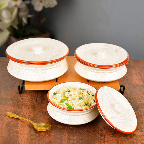 Hand Crafted Ceramic Handi with Lid (Set of 3, 1500 ml, 1000 ml and 700 ml, Off White)