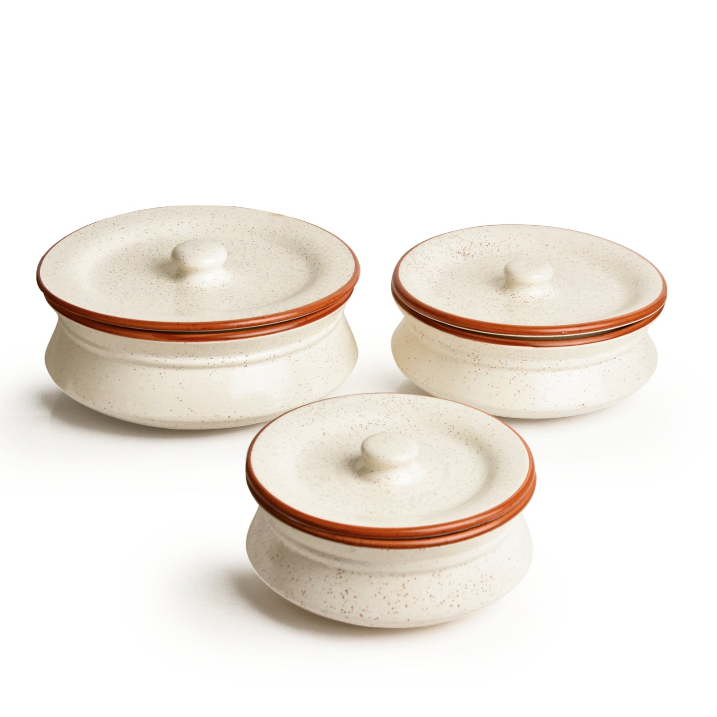 Hand Crafted Ceramic Handi with Lid (Set of 3, 1500 ml, 1000 ml and 700 ml, Off White)