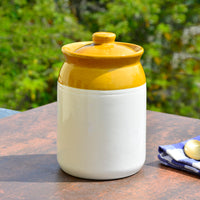 Hand Glazed Dual Tone Ceramic Storage Jar with Lid (1400 ml, Sand Yellow, Off White)