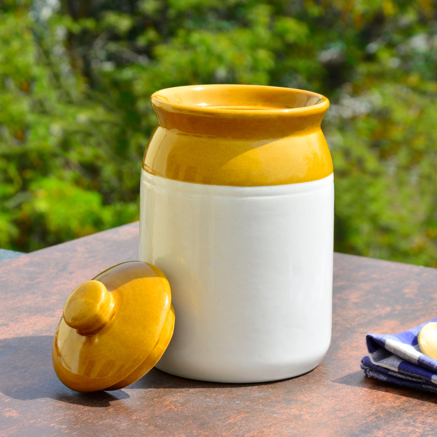 Hand Glazed Dual Tone Ceramic Storage Jar with Lid (1400 ml, Sand Yellow, Off White)