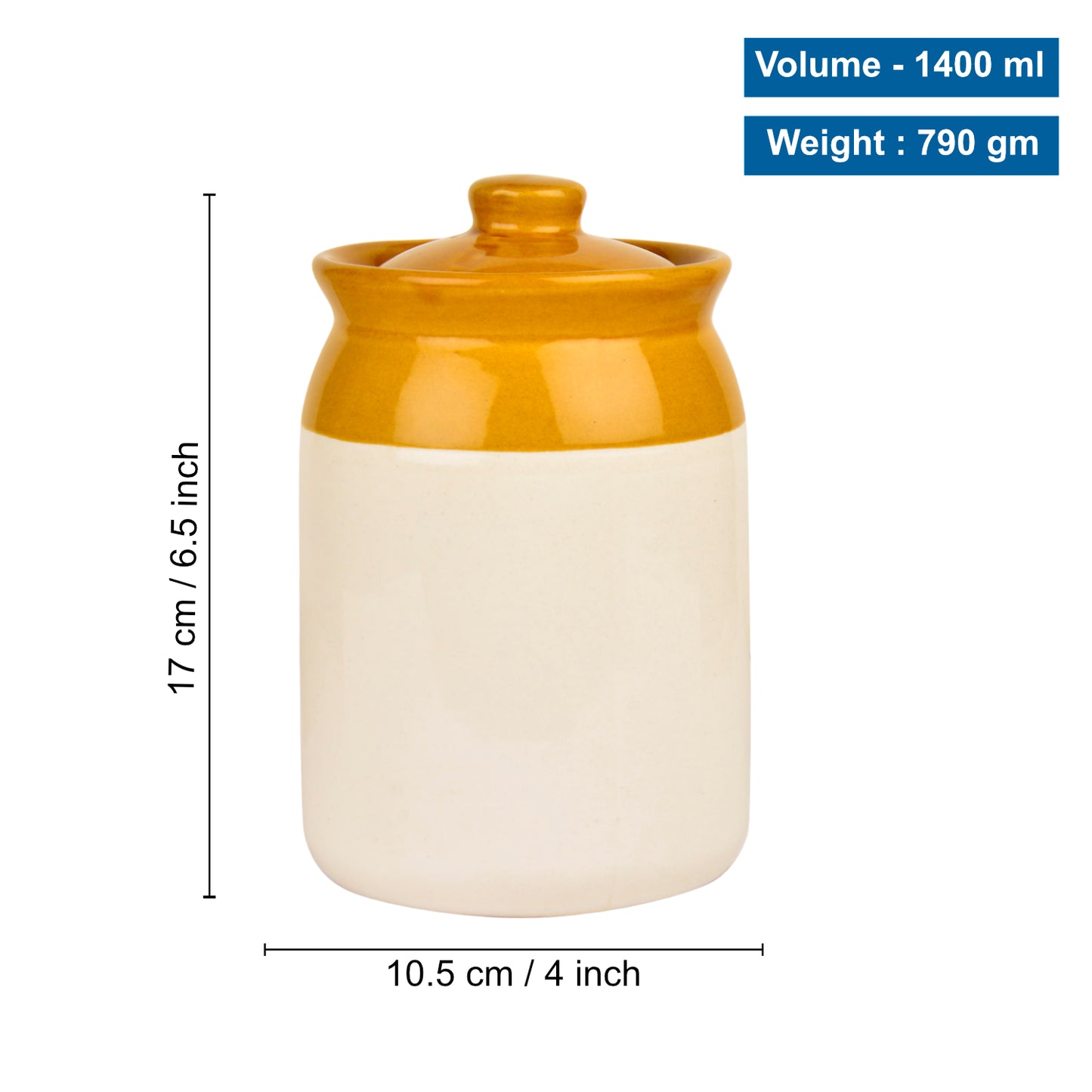 Hand Glazed Dual Tone Ceramic Storage Jar with Lid (1400 ml, Sand Yellow, Off White)