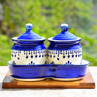 Hand Painted Ceramic Pickle Jar Set with Tray (Set of 2, Blue and White, 250 ml each)